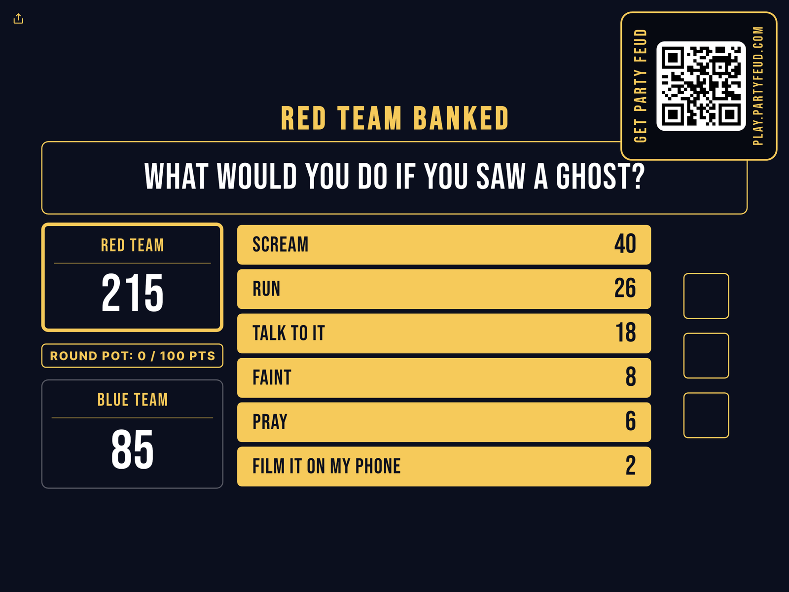 Party Feud board — Red Team banked the round, with the full board of answers revealed