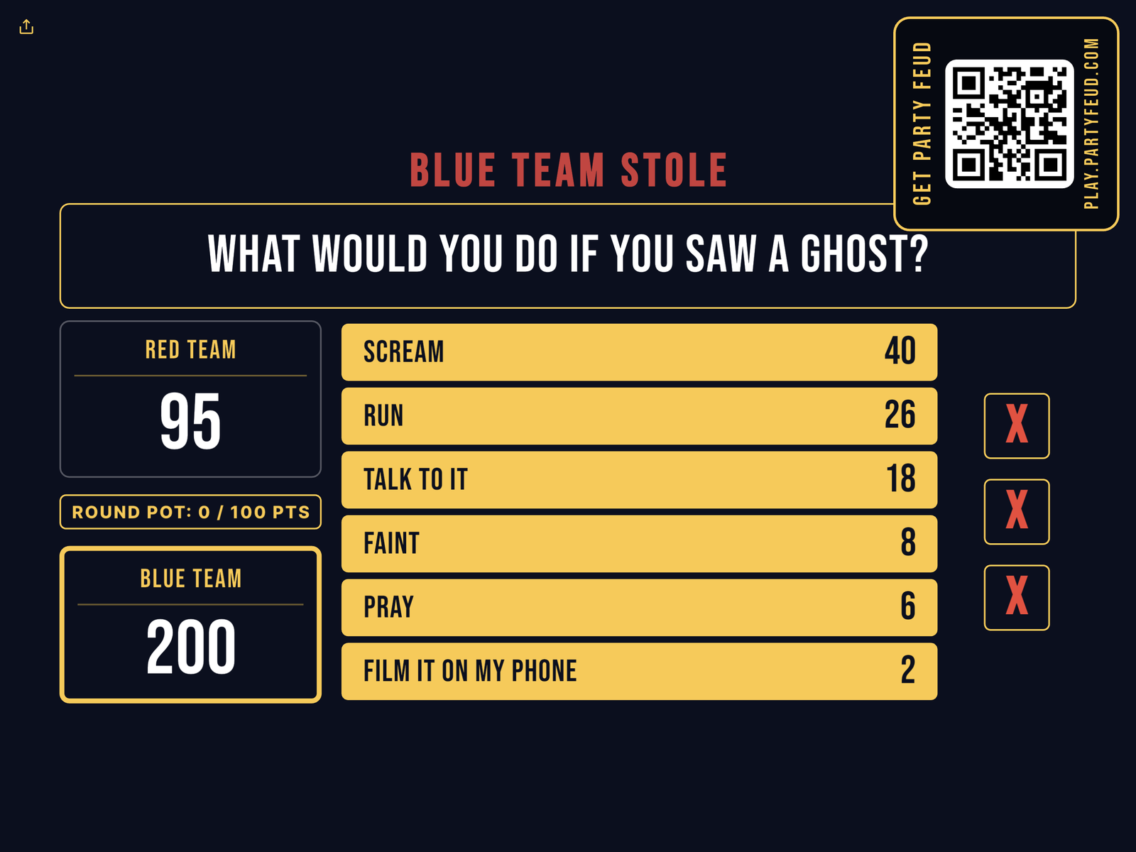 Party Feud board — Blue Team stole the round after three strikes, with the full board of answers revealed