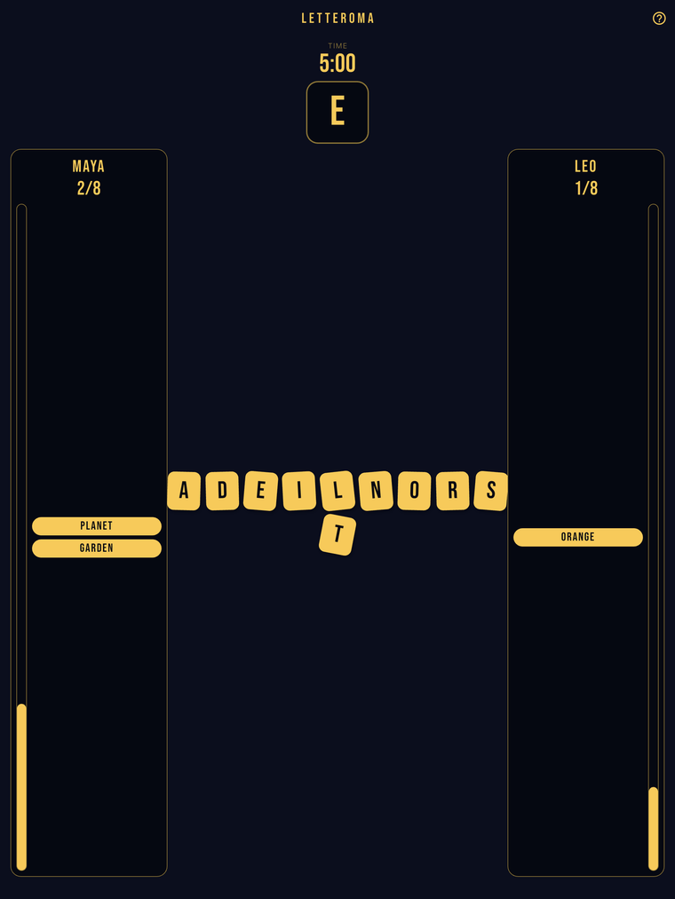 Letteroma gameplay in Party Feud — a player's letter rack and the live round timer on a phone