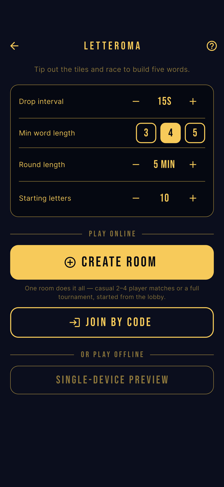 Letteroma setup screen in Party Feud — round options for drop interval, minimum word length, round length and starting letters, with Create Room and Join by Code buttons