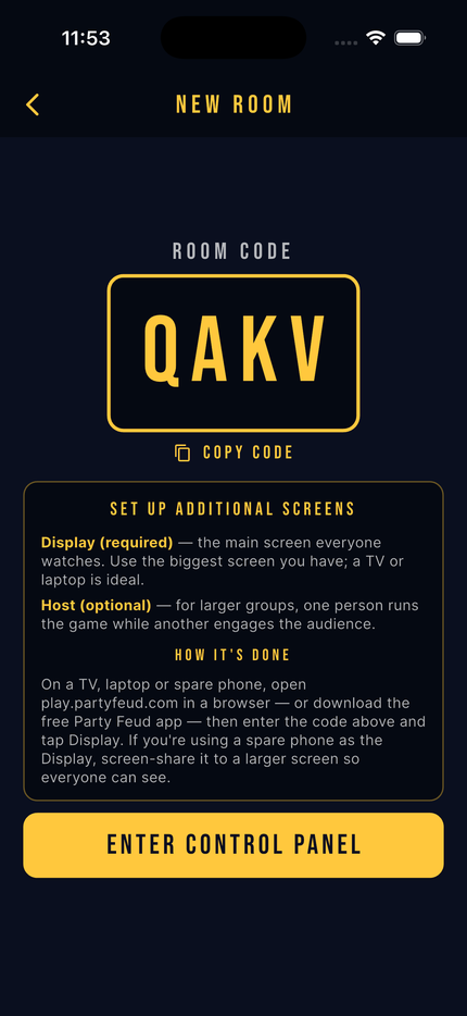 Party Feud room code screen on a phone, showing a code and setup instructions